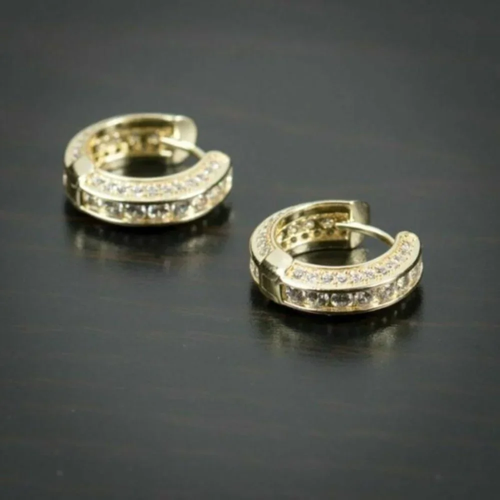 New Men 14k Gold Over Silver Sim. Diamond Hoops